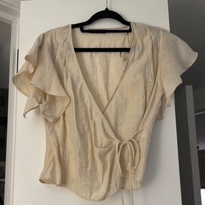 Zara Tan Cream Flutter Sleeve Wrap Blouse